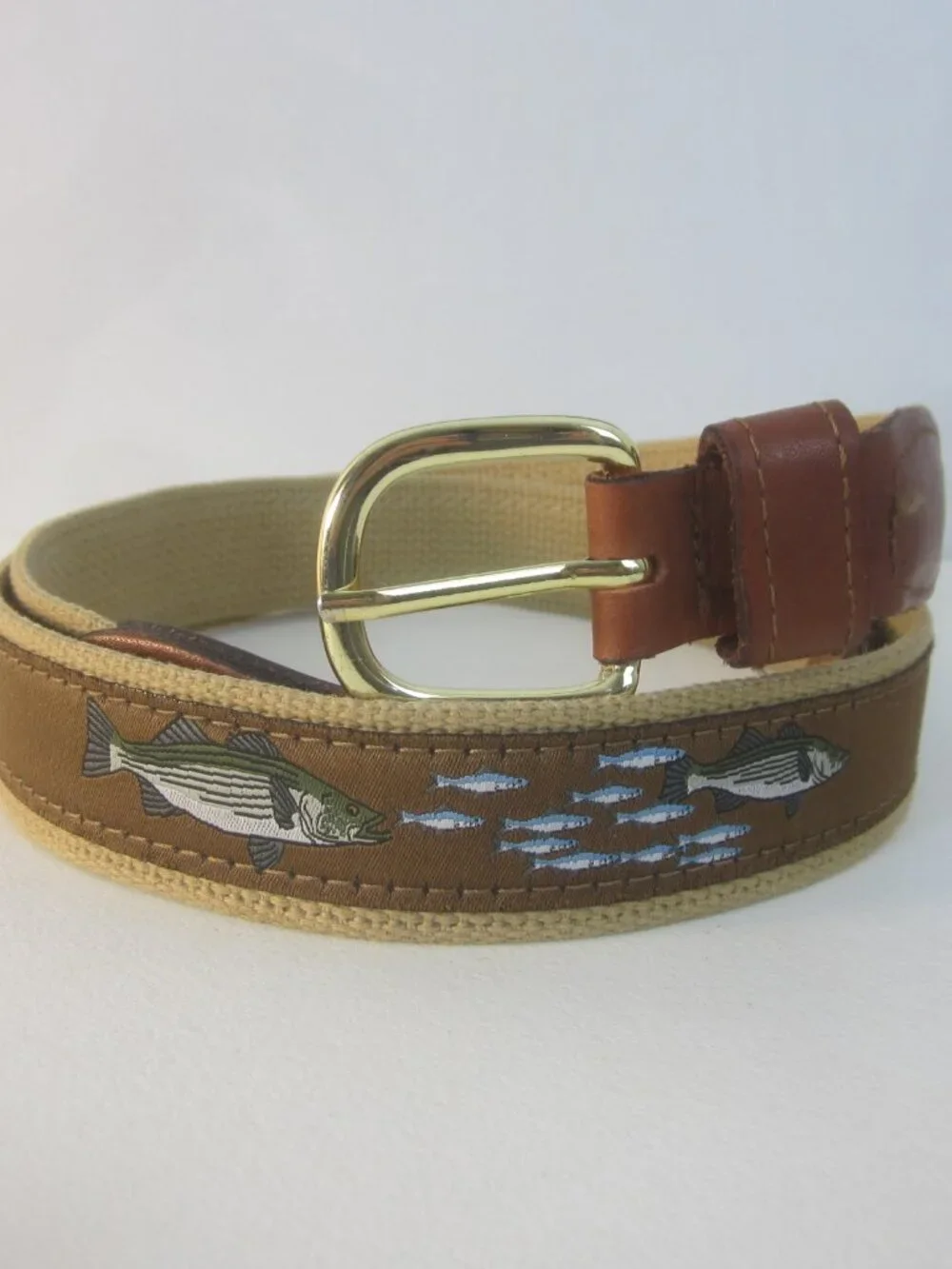 Web Canvas Brown Leather Fishing Belt Men 42 Brass Buckle Fish Theme 40 - 44